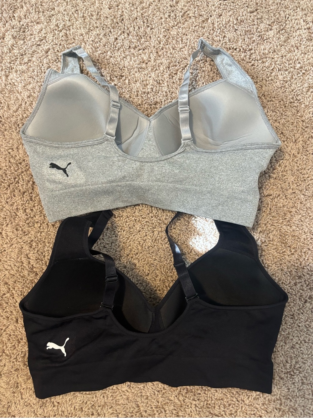 Puma Seamless Padded Sports Bras in Gray and Black